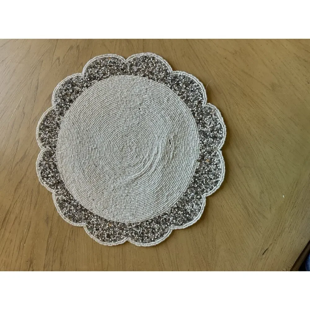 Tahari Heavily Beaded Round Placemat Silver Glass White Sequins Wedding Holiday